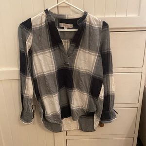 Loft Black and White Shimmery Plaid V-Neck Tunic Top
